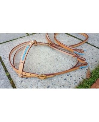 Australian stock or western bridle with blue or pink laced browband leather - Stockman bridles and breastplate