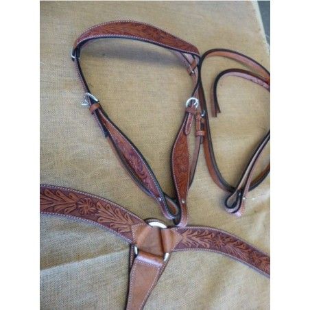 Bridle and breastplate set model ri100acorn chestnut colour leather - Western Bridles and breastplates