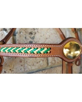 Barcoo bridle ri2 barcoo with platted brow band green and gold gold face plate - Stockman bridles and breastplate