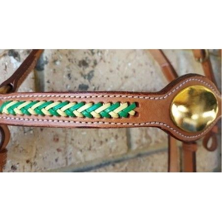 Barcoo bridle ri2 barcoo with platted brow band green and gold gold face plate - Stockman bridles and breastplate