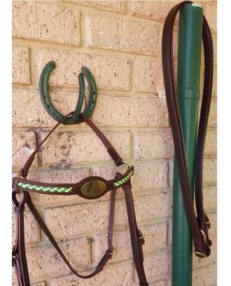 Barcoo bridle ri2 barcoo with platted brow band green and gold gold face plate set - Stockman bridles and breastplate