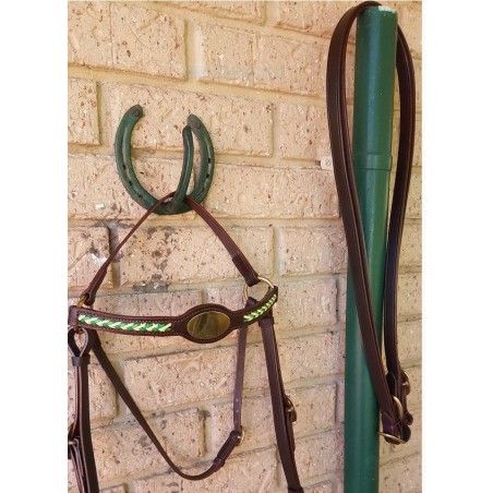 Barcoo bridle ri2 barcoo with platted brow band green and gold gold face plate set - Stockman bridles and breastplate