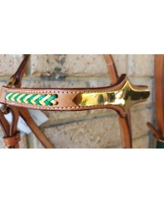 Barcoo bridle ri5 barcoo bridle and breastplate set with platted brow band gold face plate and breastplate set - Stockman bri...