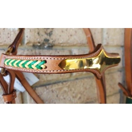 Barcoo bridle ri5 barcoo bridle and breastplate set with platted brow band gold face plate and breastplate set - Stockman bri...