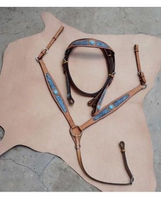 WESTERN BRIDLE BREASTPLAT SET Bridle and Breatplate Set RI111 blue inlay - Western Bridles and breastplates