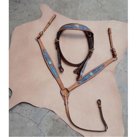 WESTERN BRIDLE BREASTPLAT SET Bridle and Breatplate Set RI111 blue inlay - Western Bridles and breastplates