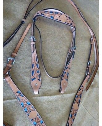 Bridle and breastplate set ri102 london coloured leather blue inlay - Western Bridles and breastplates
