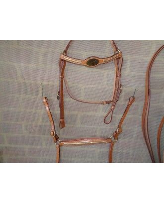 Barcoo bridle BREASTPLATE SET with platted GOLD brow band gold face plate - Stockman bridles and breastplate