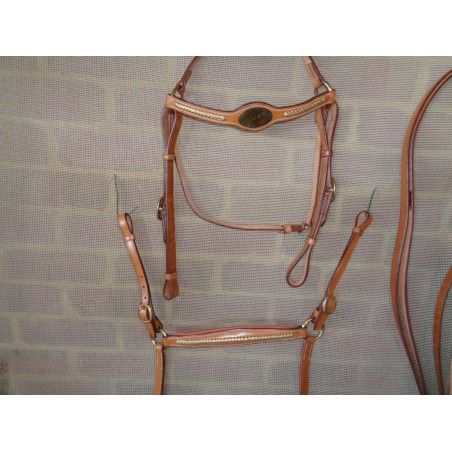 Barcoo bridle BREASTPLATE SET with platted GOLD brow band gold face plate - Stockman bridles and breastplate